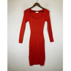 Chic Ribbed Olive + Oak Womens XS Orange Red Sweetheart Neck Slit Midi Dress